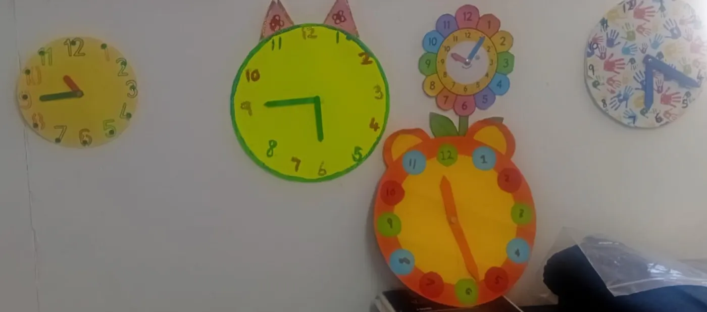 Grade 2 flower and cat shaped clock crafts on the wall
